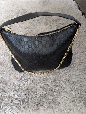 Gucci Black Embossed GG Leather Shoulder Bag with Gold Chain Strap